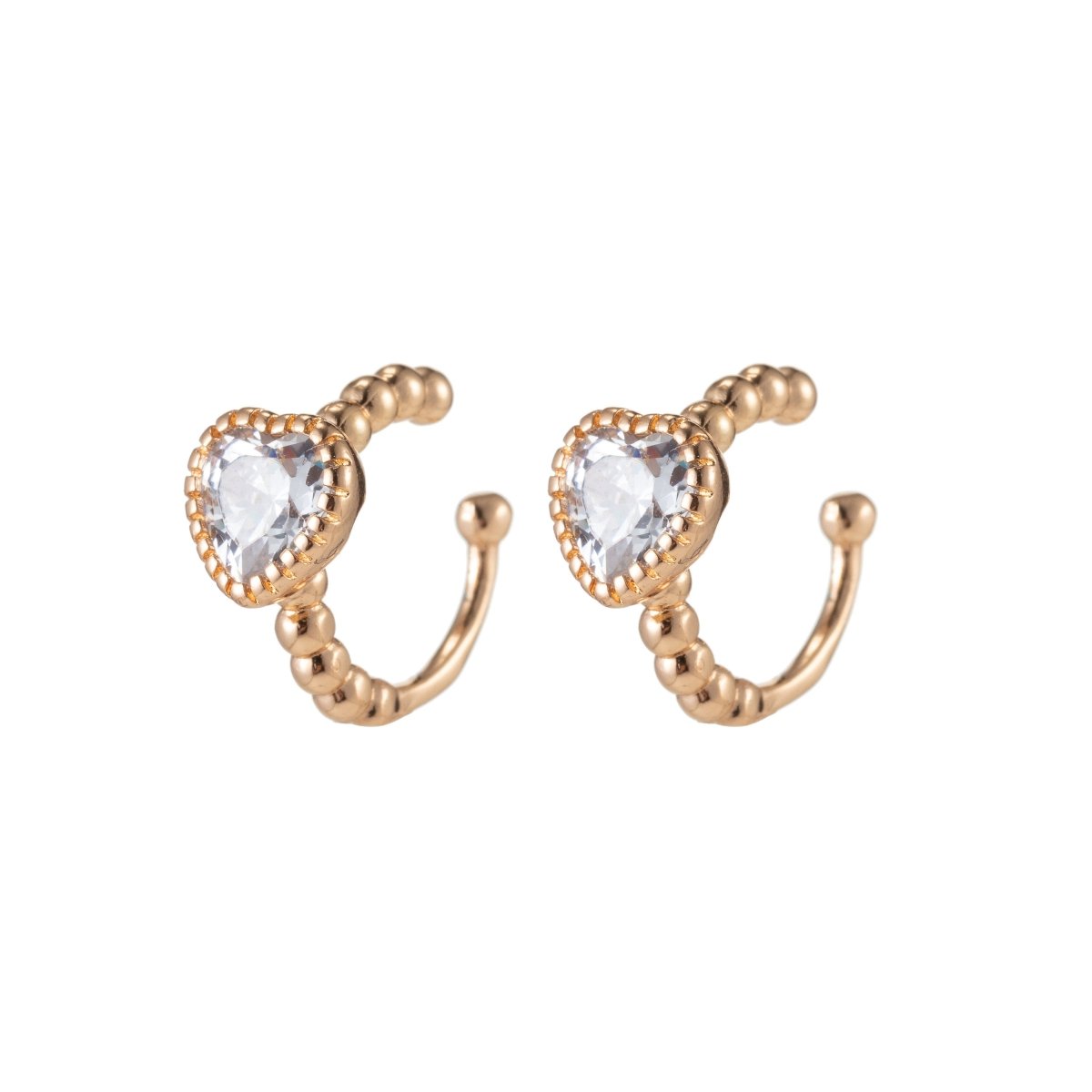 18K Gold Filled Heart CZ Beaded Bubble Ear Cuff Earrings | AI059