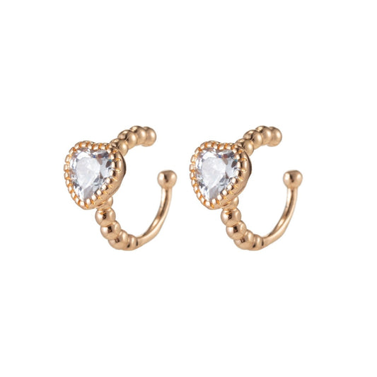18K Gold Filled Heart CZ Beaded Bubble Ear Cuff Earrings | AI059