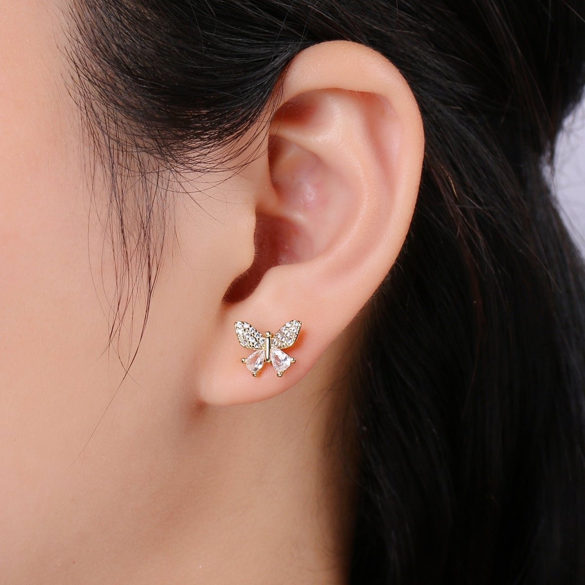 Tiny Golden Butterfly Stud Earrings CZ Mini Gold Filled Mariposa Animal Nature Formal/Casual Daily Wear Earring Jewelry P-021