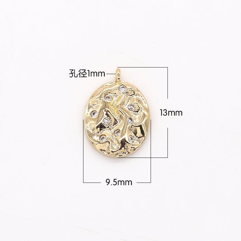Tiny Golden Oval Rustic Coin Charm CZ Geometric Oval Shape Medallion Charm Pendant AC1445