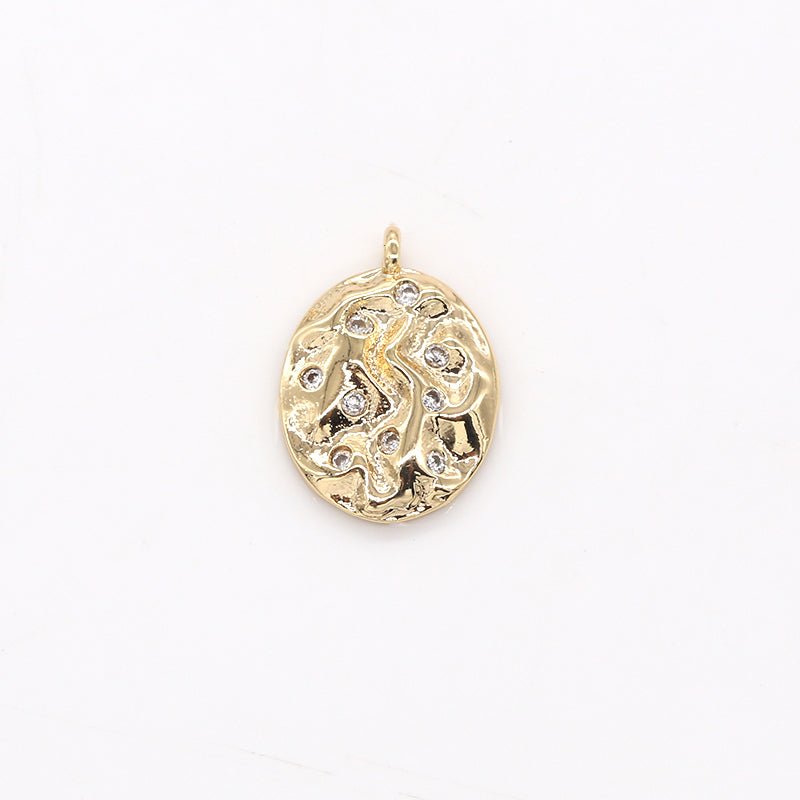 Tiny Golden Oval Rustic Coin Charm CZ Geometric Oval Shape Medallion Charm Pendant AC1445