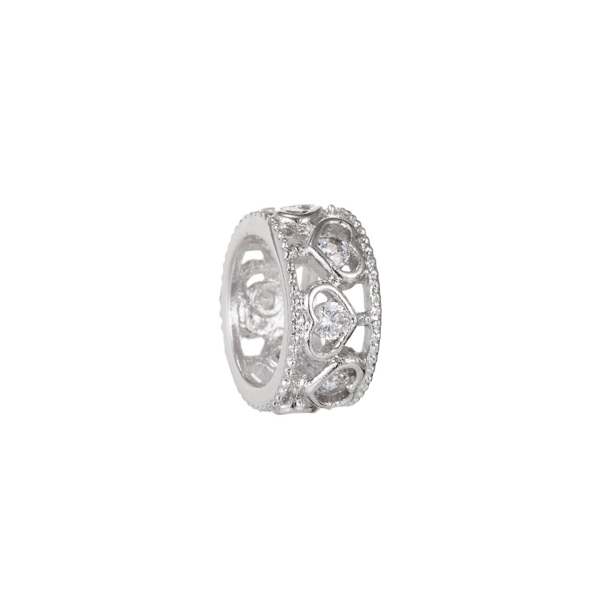 Tiny Hearts Ornamented Silver Round Wheel Beads CZ Crystal Valentine Love Heart Geometric Jewelry Beads Supply B-260