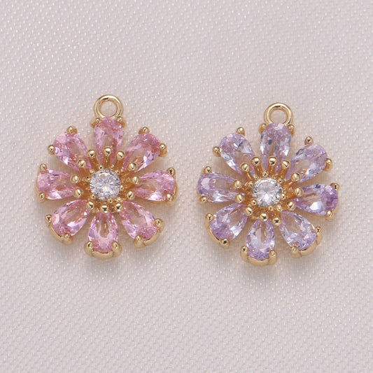 Tiny Pink Purple Daisy Flower Cubic Zirconia Charm CZ Floral Nature Micro Pave Charm Pendant D-767