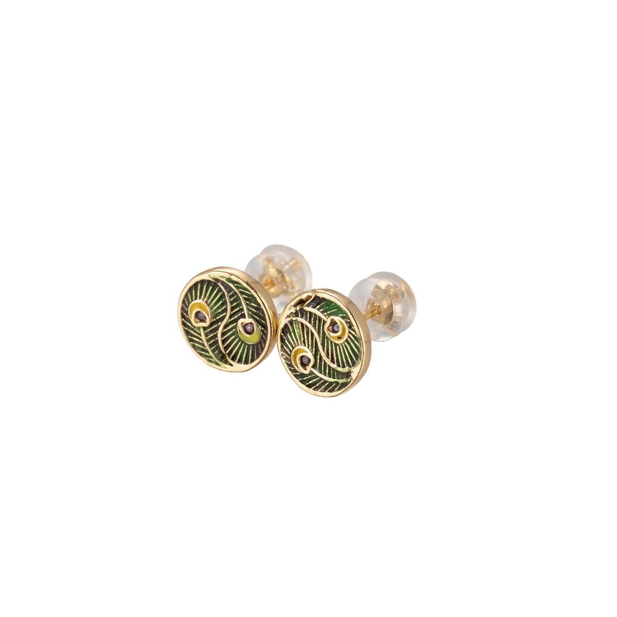 Tiny Yin Yang Round Leaf with Purple Crystal Stud Earrings CZ Gold Filled Mini Casual Daily Wear Earring Jewelry P-152
