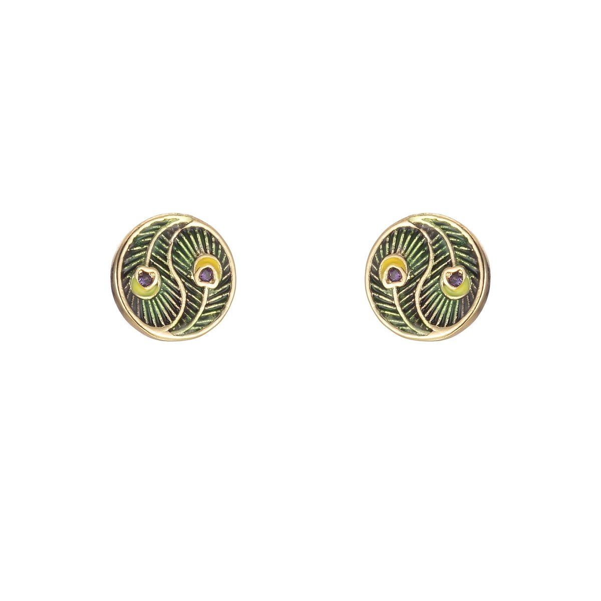 Tiny Yin Yang Round Leaf with Purple Crystal Stud Earrings CZ Gold Filled Mini Casual Daily Wear Earring Jewelry P-152