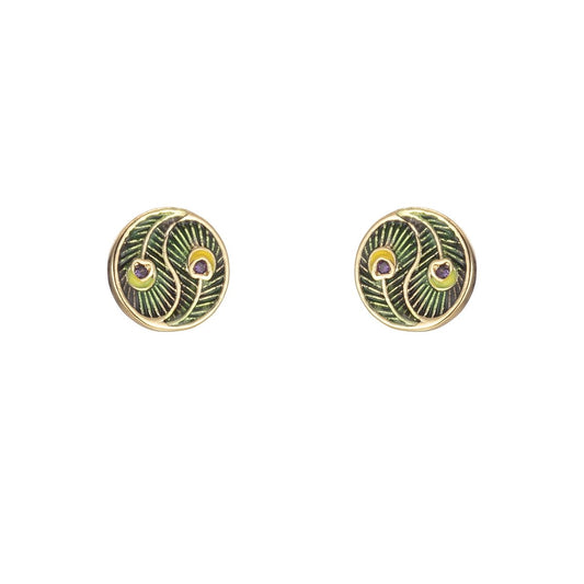 Tiny Yin Yang Round Leaf with Purple Crystal Stud Earrings CZ Gold Filled Mini Casual Daily Wear Earring Jewelry P-152