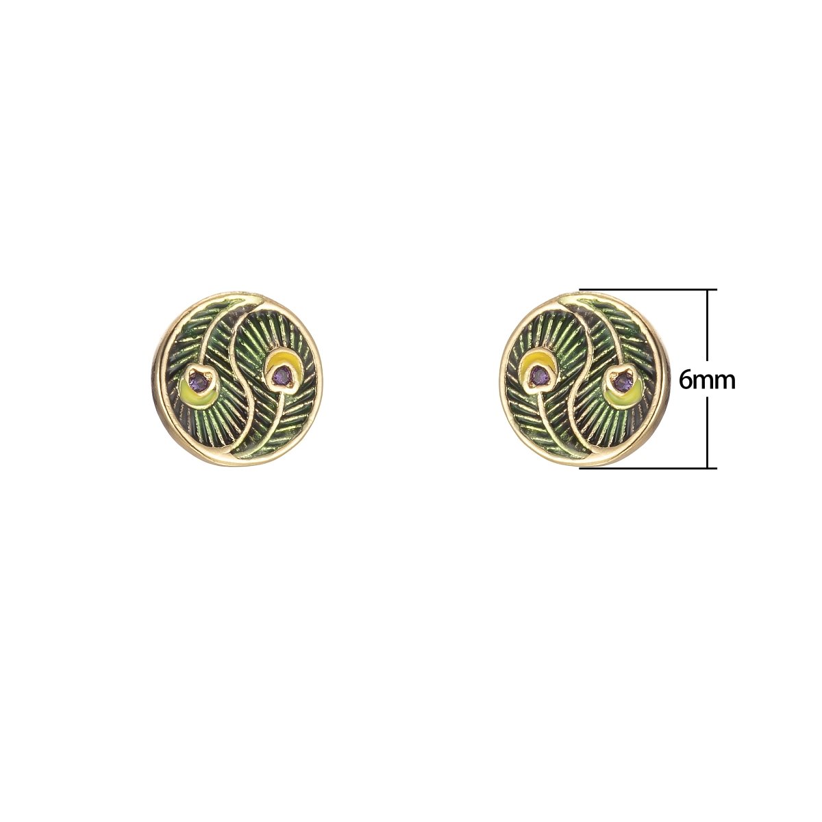 Tiny Yin Yang Round Leaf with Purple Crystal Stud Earrings CZ Gold Filled Mini Casual Daily Wear Earring Jewelry P-152