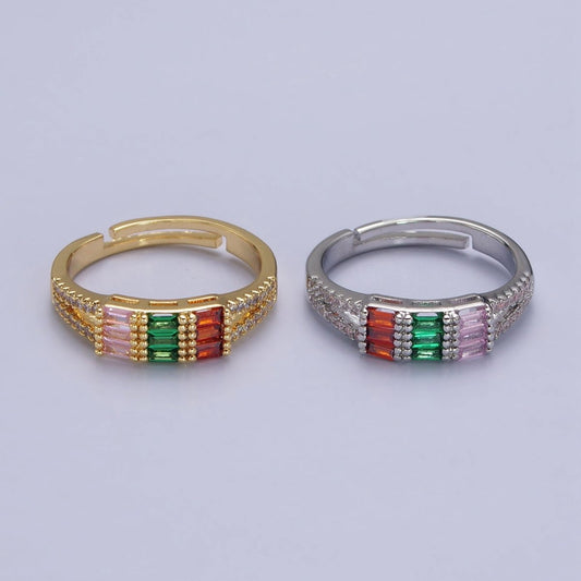 Triple Baguette Multicolor Clear Micro Paved CZ Ring in Gold & Silver | O-255 O-256