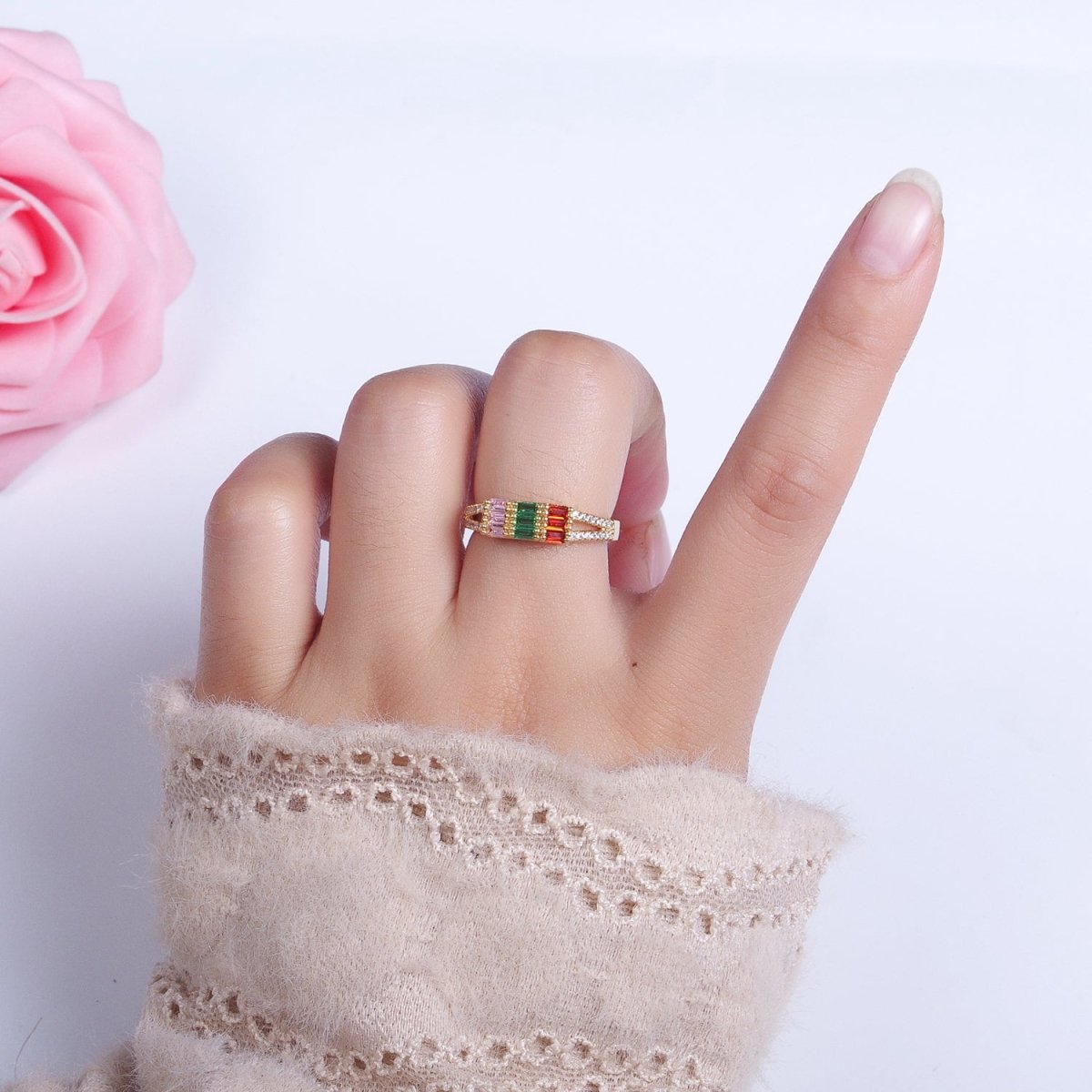Triple Baguette Multicolor Clear Micro Paved CZ Ring in Gold & Silver | O-255 O-256