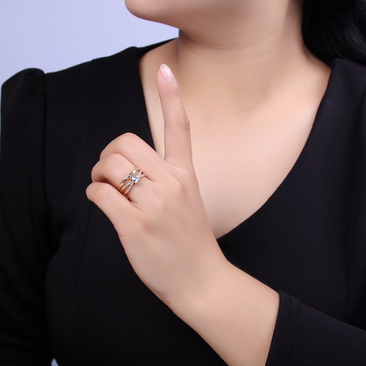 Triple Band Ring with Cubic Zirconia Stone Adjustable Jewelry U-307