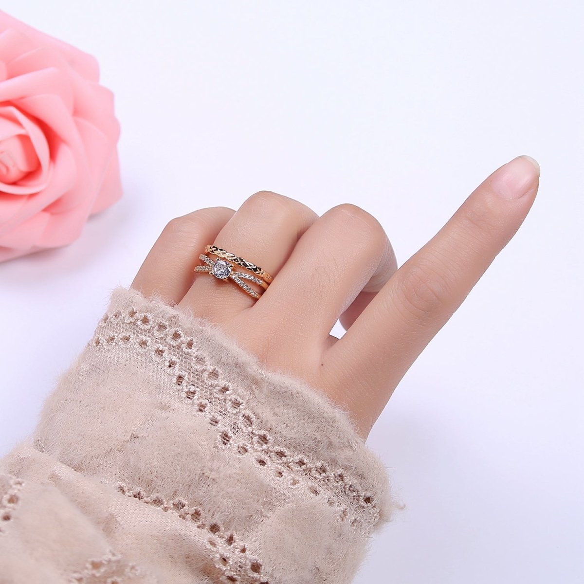 Triple Band Ring with Cubic Zirconia Stone Adjustable Jewelry U-307