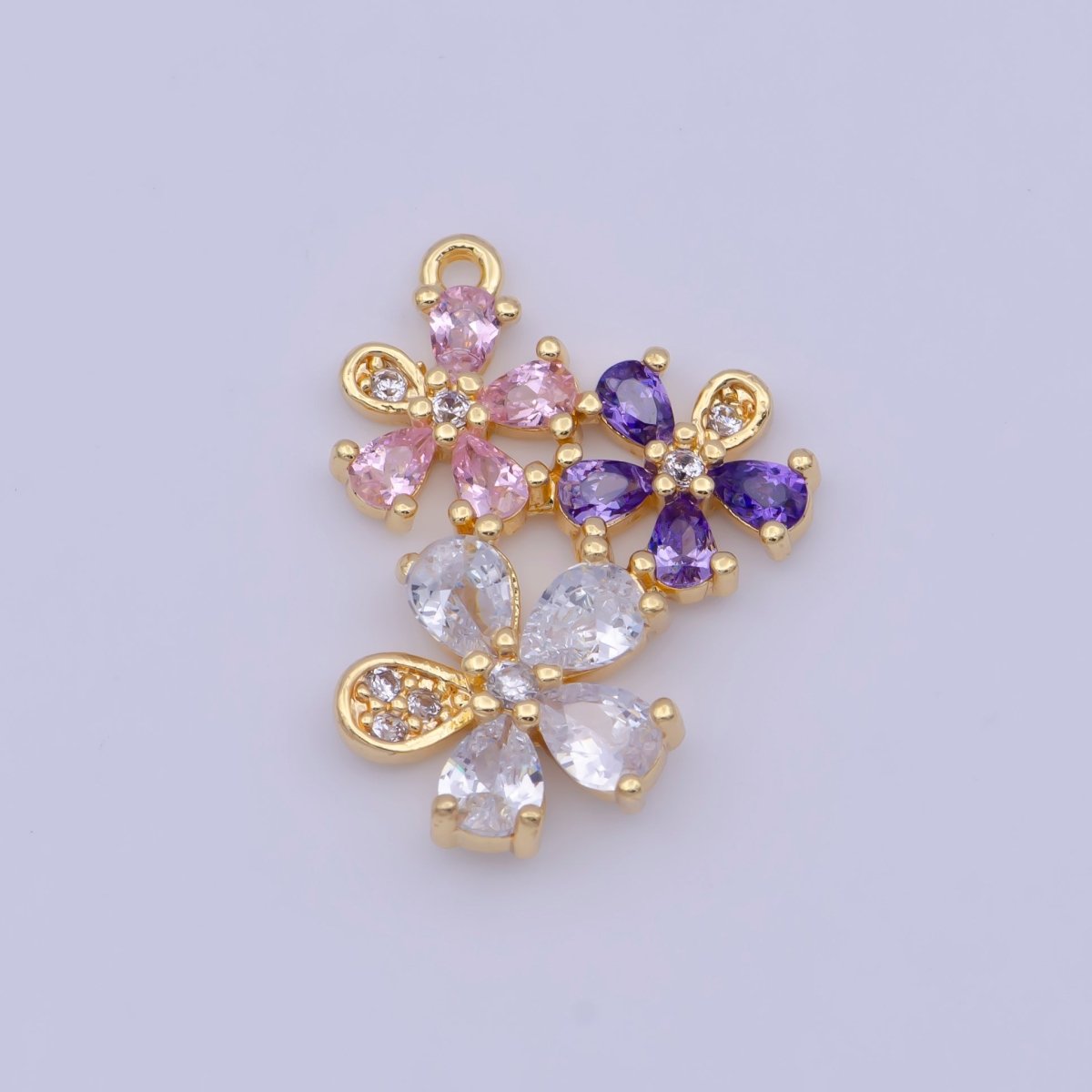 Triple Clear Pink Purple Cubic Zirconia Flowers Nature Charm For DIY Jewelry Making | X-716