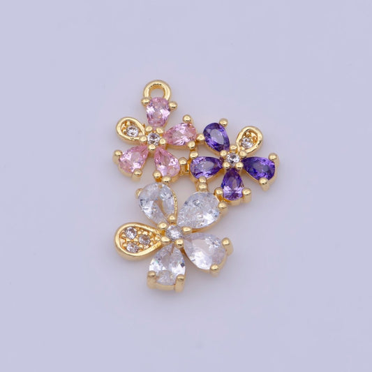 Triple Clear Pink Purple Cubic Zirconia Flowers Nature Charm For DIY Jewelry Making | X-716