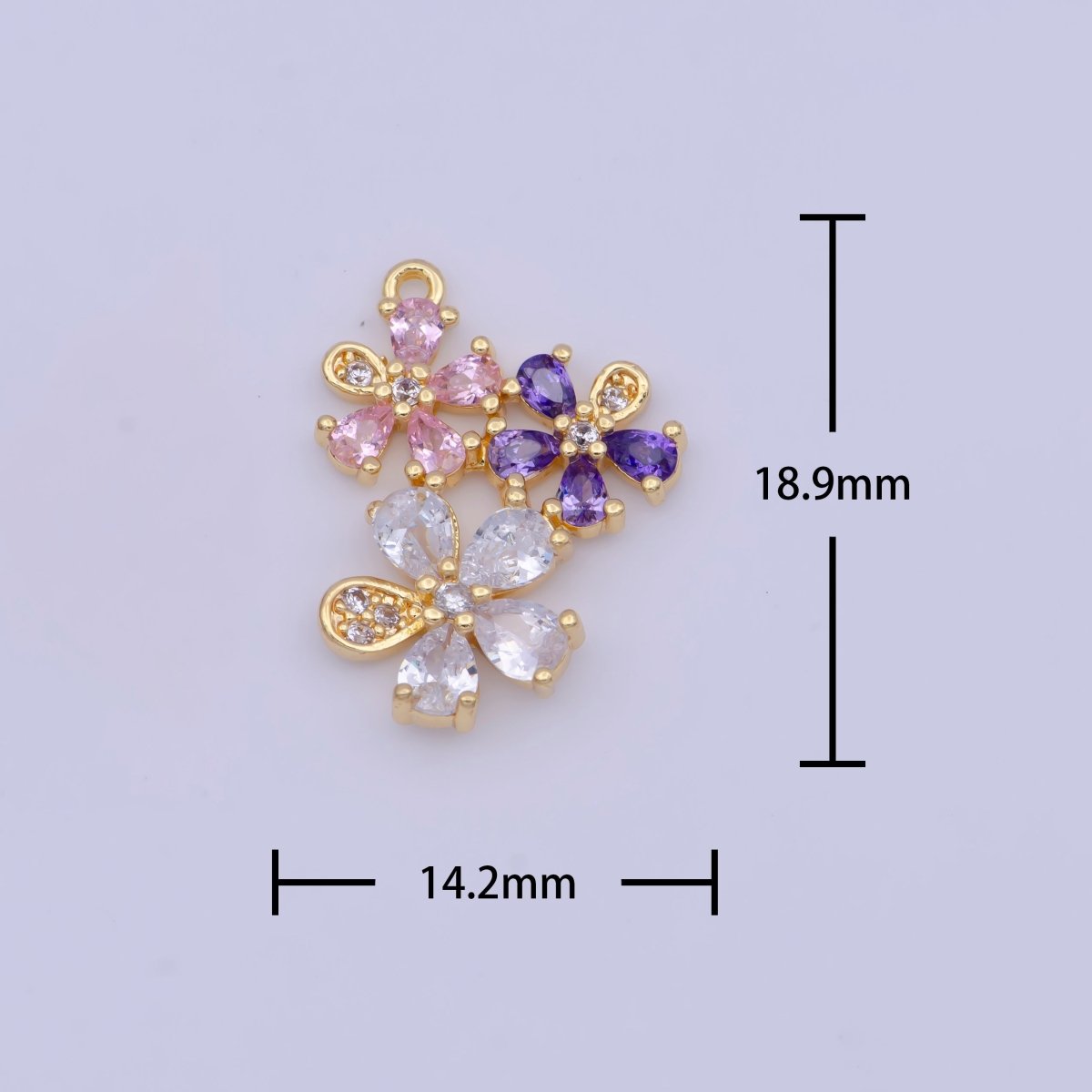 Triple Clear Pink Purple Cubic Zirconia Flowers Nature Charm For DIY Jewelry Making | X-716