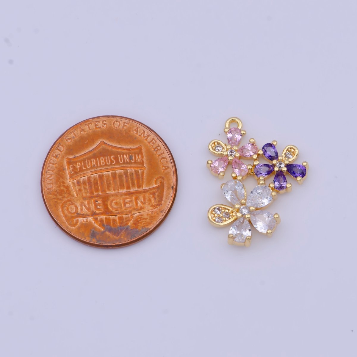 Triple Clear Pink Purple Cubic Zirconia Flowers Nature Charm For DIY Jewelry Making | X-716