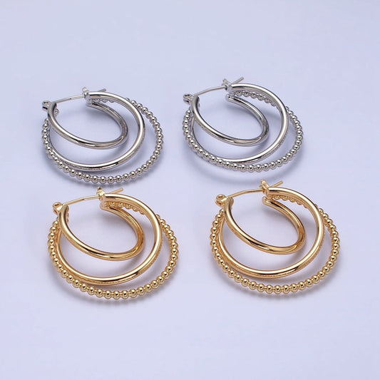 Triple Hoop Earrings, Big Gold Hoops, Statement Earrings Silver Beaded Modern Hoop Earring AD1209 AD1210