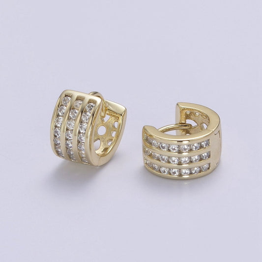 Triple Pave Gold Huggie Earrings, Thick Huggie 3 Lines CZ Diamond Hoop Earrings V-153