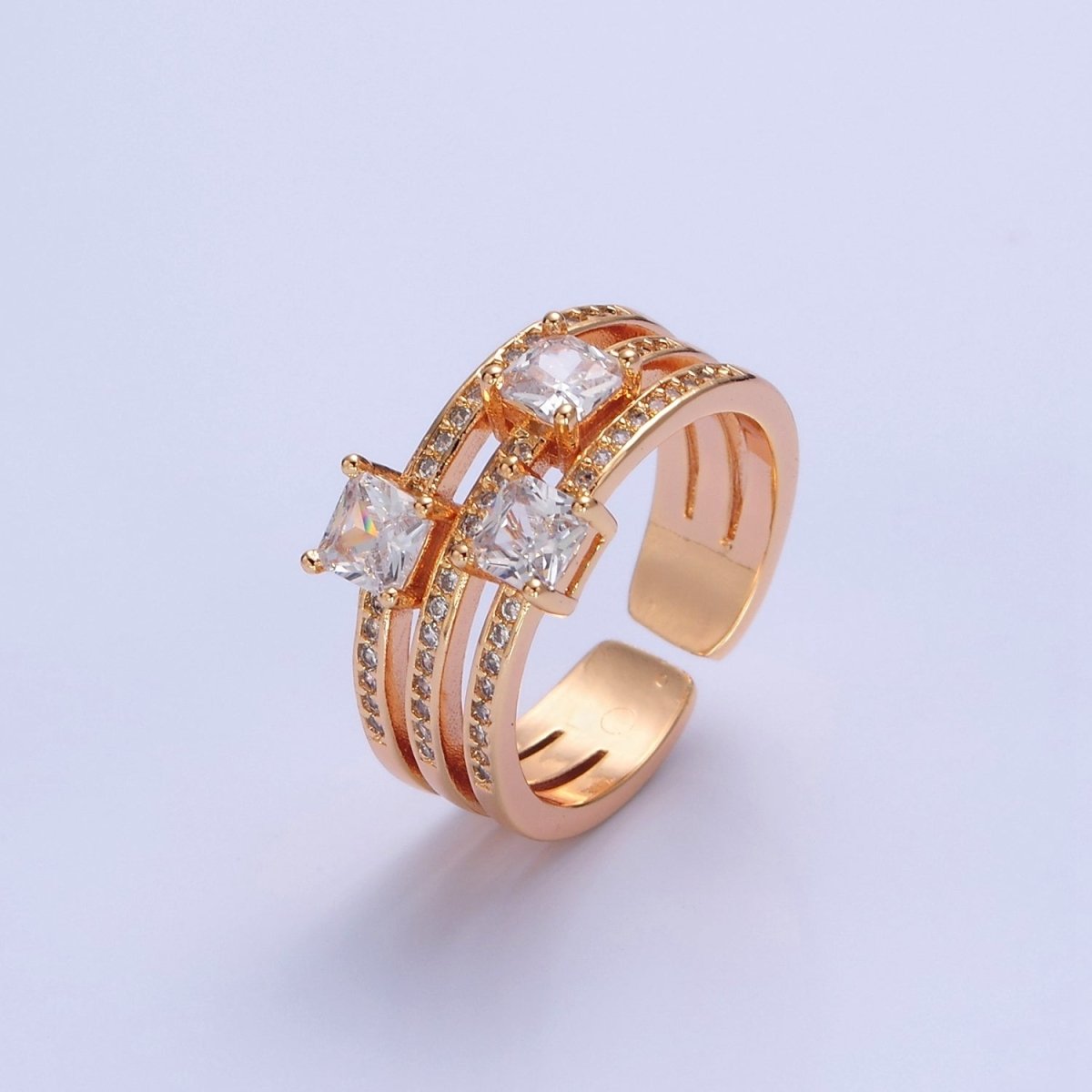 Triple Square cz Stone with Pave Gold Band Ring Open Adjustable O-2234