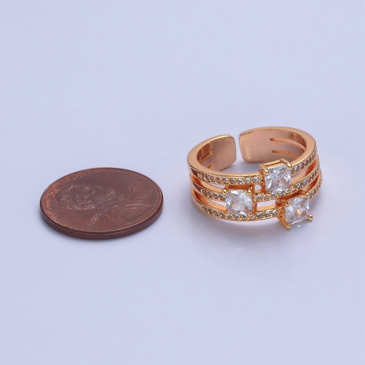 Triple Square cz Stone with Pave Gold Band Ring Open Adjustable O-2234