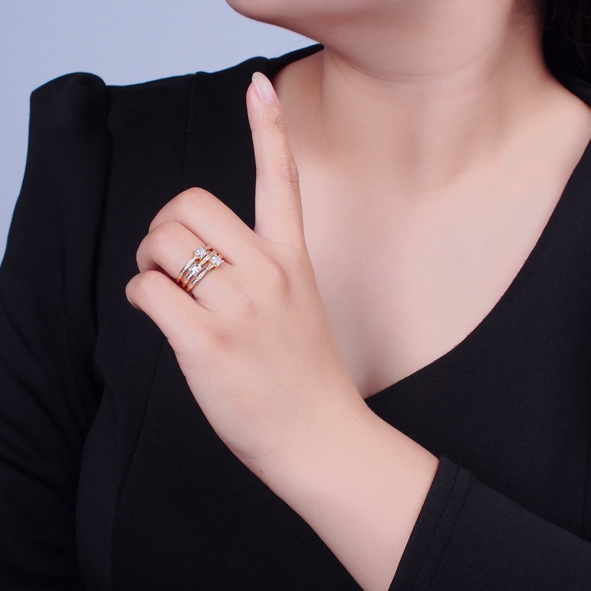 Triple Square cz Stone with Pave Gold Band Ring Open Adjustable O-2234