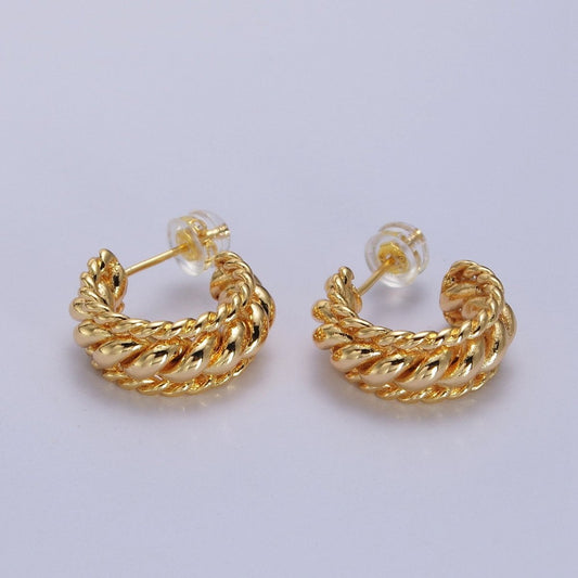 Triple Twisted Croissant Braided C-Shaped Stud Earrings in Gold & Silver | AB024 AB064