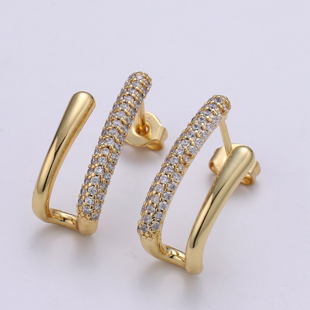 U Shape 24K Gold filled CZ Pave Stud, White Gold filled Micro Pave Earring for DIY Earring Craft Supply Jewelry Making, Q-389