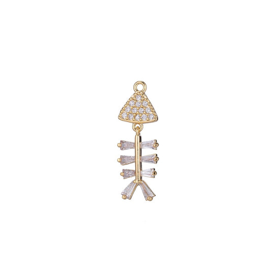 Unique Fish Bone Charm, Micro Pave CZ Charm, Dainty Pendant Marine Life Go Fishing Nature Inspired Necklace Charm for Jewelry Making E-405