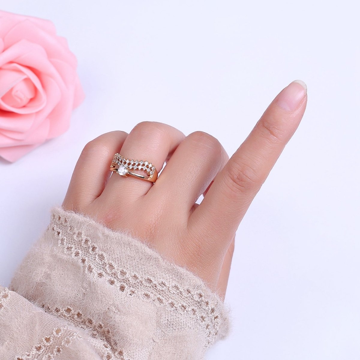 V Stacking Chevron Ring, Minimalist CZ Geometric Ring Dainty Adjustable Ring S-506