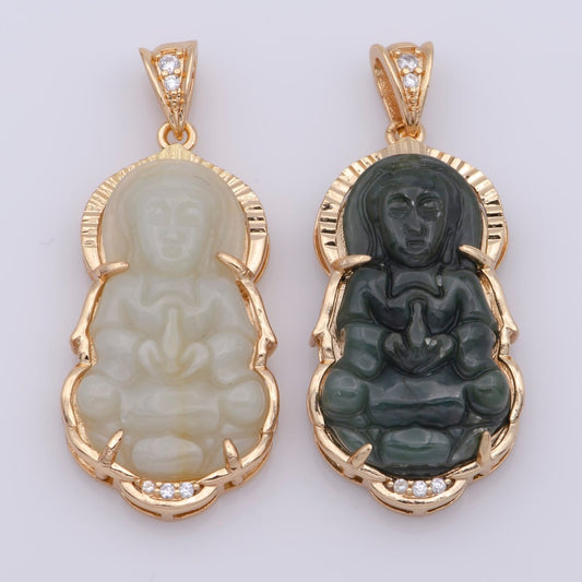 Vintage 18K gold fill, Solid Green Jadeite Jade Guan Yin Necklace Pendant, Kwan Yin Buddha Pendant AH-214 AH-215