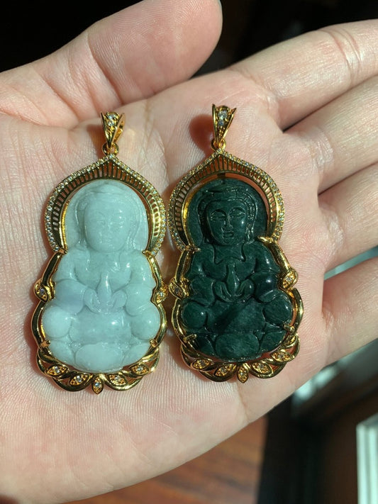Vintage 24k Gold Vermeil Pendant Green Jadeite Jade Guan Yin Necklace Pendant, Kwan Yin Buddha Pendant for Religious Jewelry AH-244