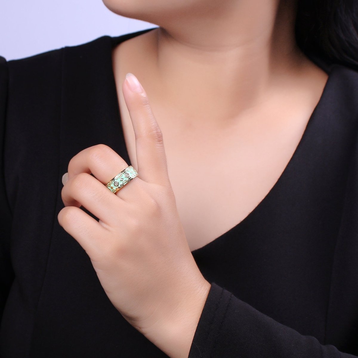 Vintage Enamel Victorian Ring in Black White Green Pink U-186~ U-187