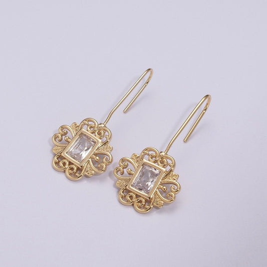Vintage Gold Earring, Cz Square Drop Earrings, Everyday Earrings, Textured 18k Gold Filled T-219