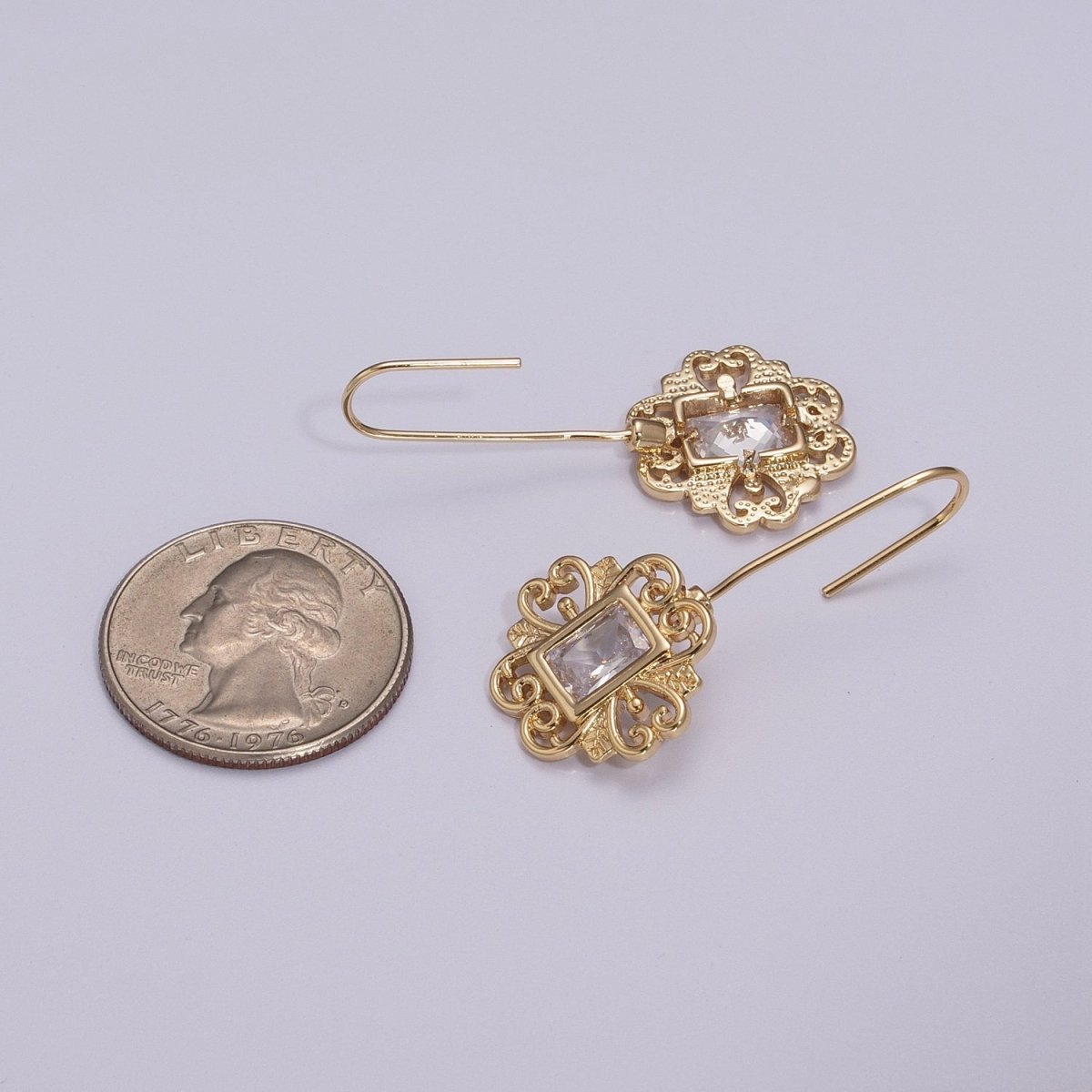Vintage Gold Earring, Cz Square Drop Earrings, Everyday Earrings, Textured 18k Gold Filled T-219