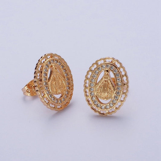 Vintage Miraculous Lady Earring Gold Lady Guadalupe Stud Earring Oval Medallion Virgin Mary Religious Jewelry Gift AE-1047