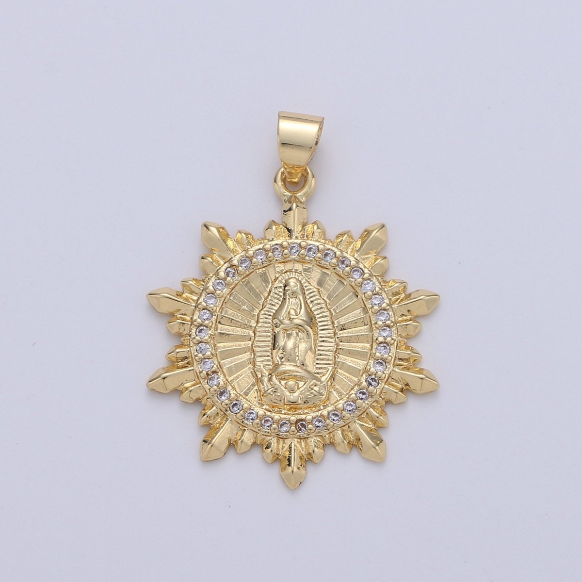 Virgin Mary Medallion Scalloped Edge, Decorative Edge,Round Coin Pendant in 24K Gold Filled Religious Jewelry Charm Pendant for Necklace