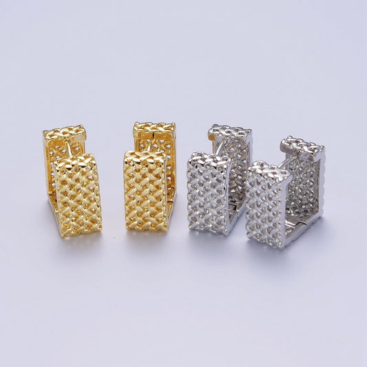 Weave Pattern Rattan Textured Geometric Boxy Huggie Earrings | AD-077 AD-078