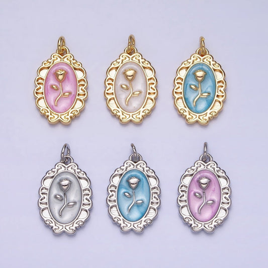 White, Blue, Pink Sparkly Enamel Rose Flower Oval Charm in Gold & Silver | AC649 - AC654