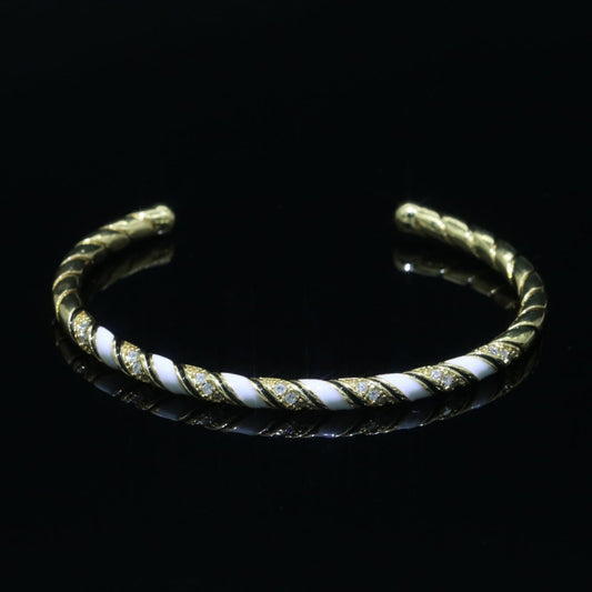 White Enamel Geometric Swirl Gold Filled Bangle Open Adjustable Bracelet Vintage Style Inspired | WA-123 Clearance Pricing