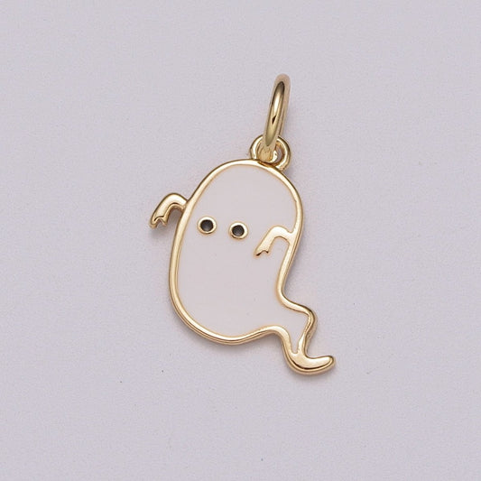 White Ghost Charm, Gold Enamel Cute Scary Haunted Halloween Pendant Jewelry Inspired M-857