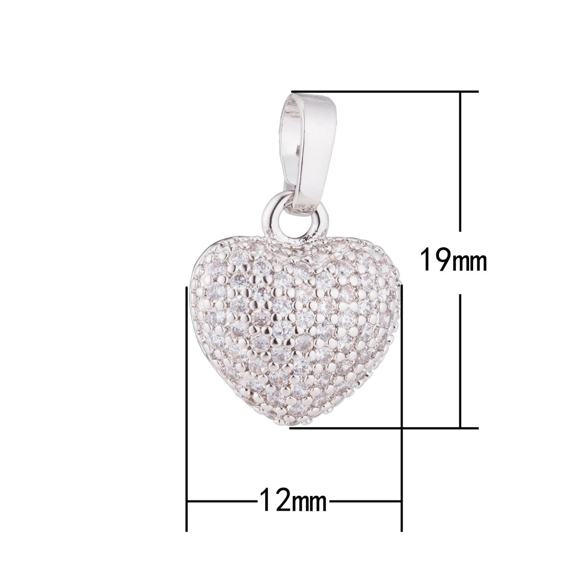 White gold fill Heart Love 3D charm Romantic Gifts DIY Craft Cute Cubic Zirconia Necklace Pendant Bead Bails Findings for Jewelry Making H-322