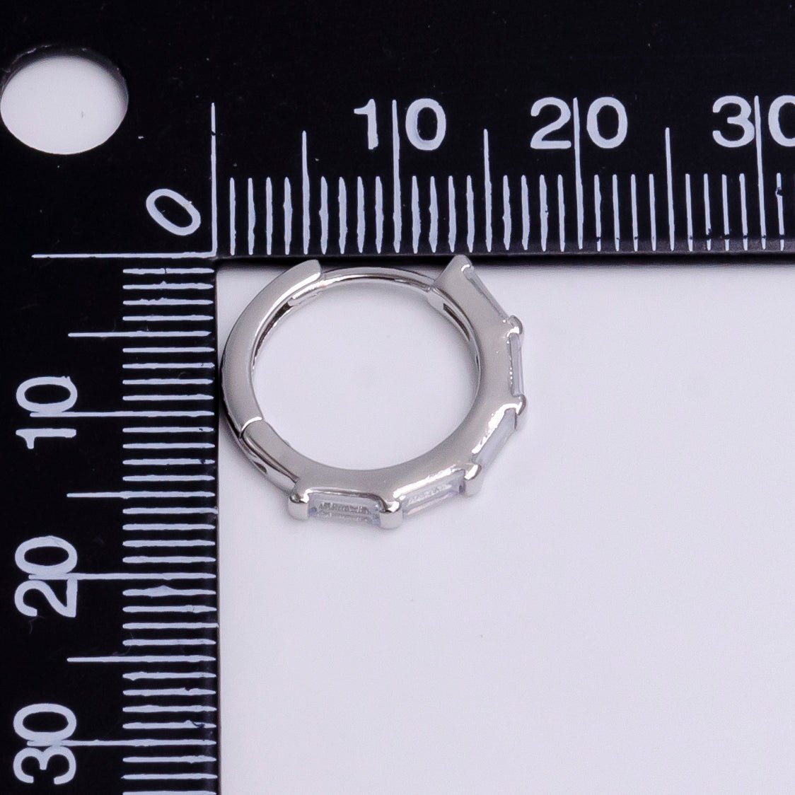 White Gold Filled 16mm Clear Baguette Lined Huggie Earrings | AE775