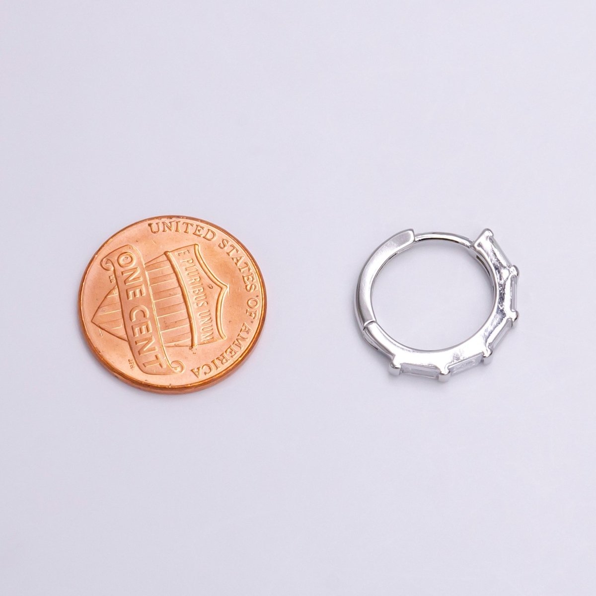 White Gold Filled 16mm Clear Baguette Lined Huggie Earrings | AE775