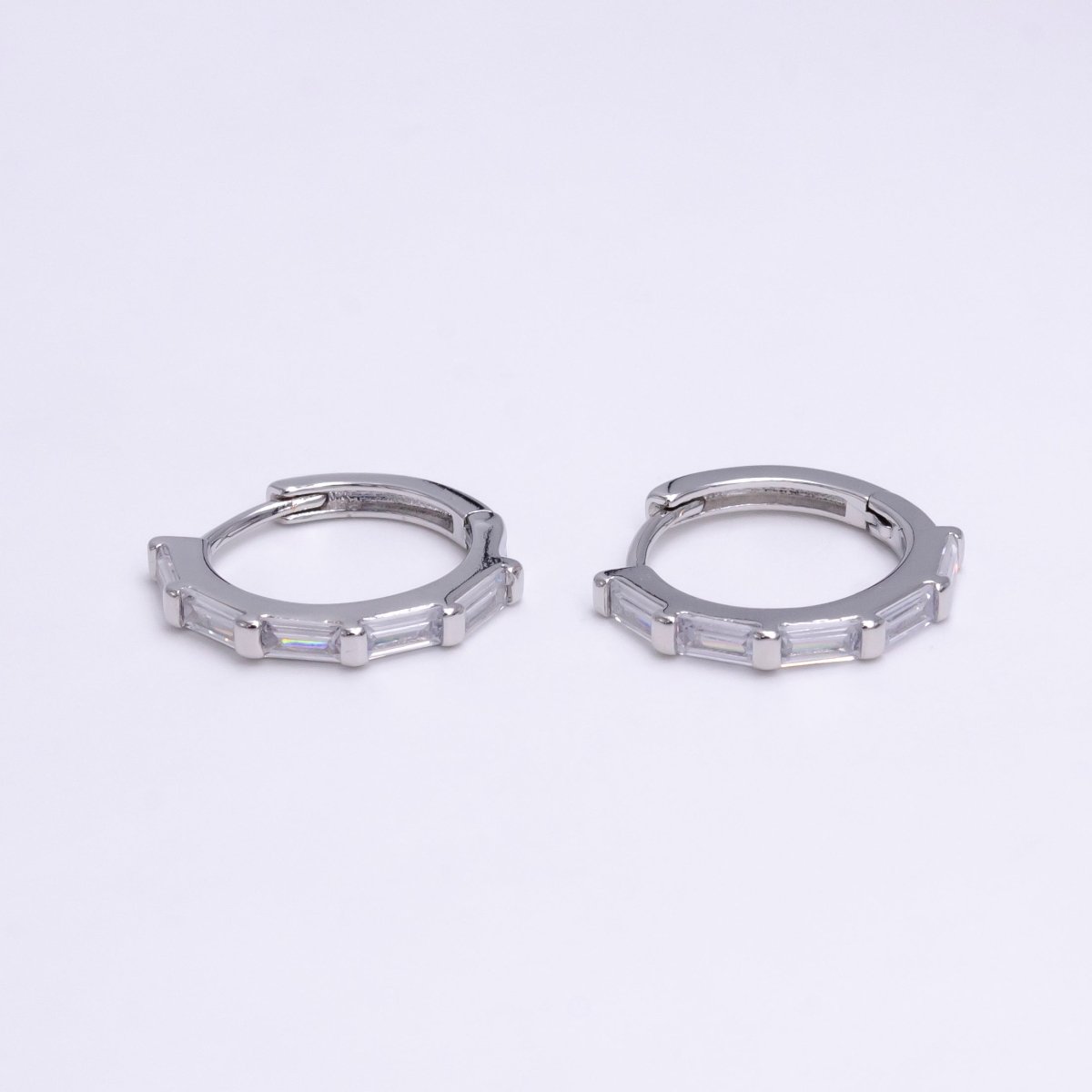 White Gold Filled 16mm Clear Baguette Lined Huggie Earrings | AE775