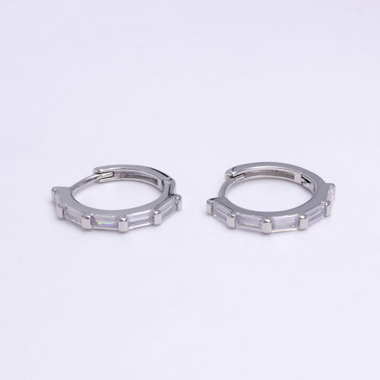 White Gold Filled 16mm Clear Baguette Lined Huggie Earrings | AE775