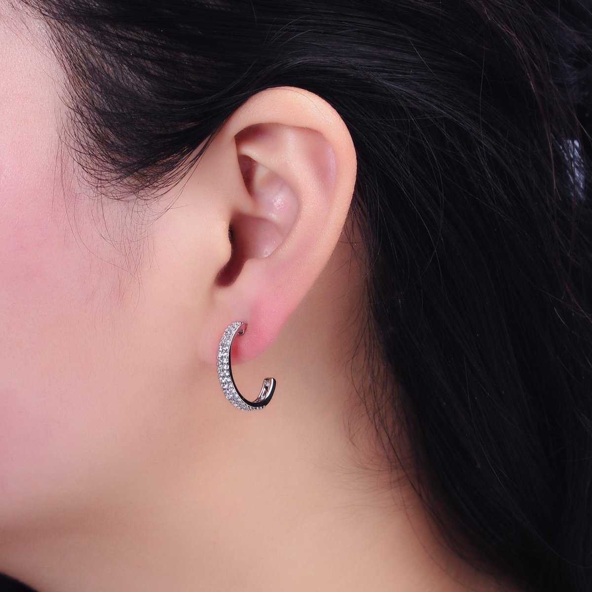 White Gold Filled 20mm Clear Micro Paved CZ C-Shaped Hoop Earrings | AD1421