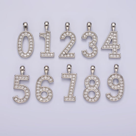 White Gold Filled 21.5mm Clear Micro Paved CZ Number 0-9 Pendant | N1246 - N1255