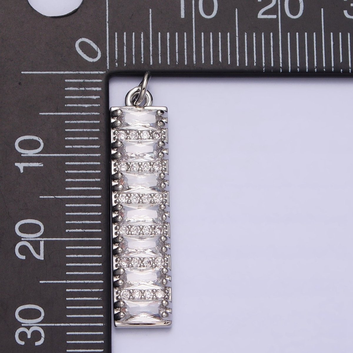 White Gold Filled 30mm Clear CZ Baguette Lined Micro Paved Band Tag Charm | AC1306