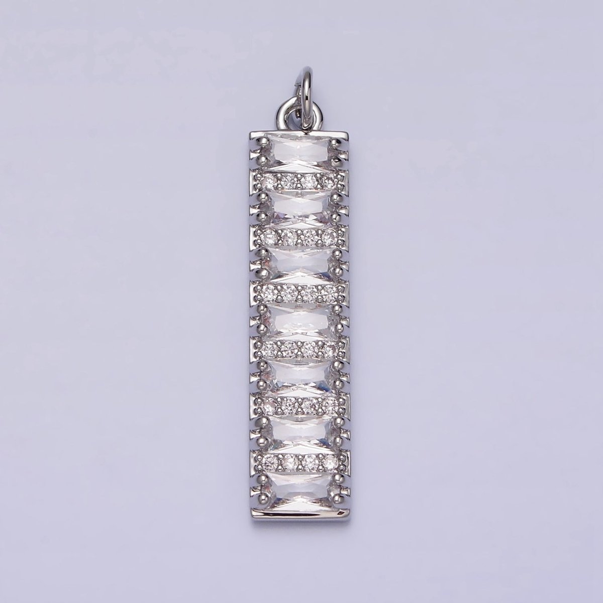 White Gold Filled 30mm Clear CZ Baguette Lined Micro Paved Band Tag Charm | AC1306