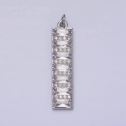 White Gold Filled 30mm Clear CZ Baguette Lined Micro Paved Band Tag Charm | AC1306