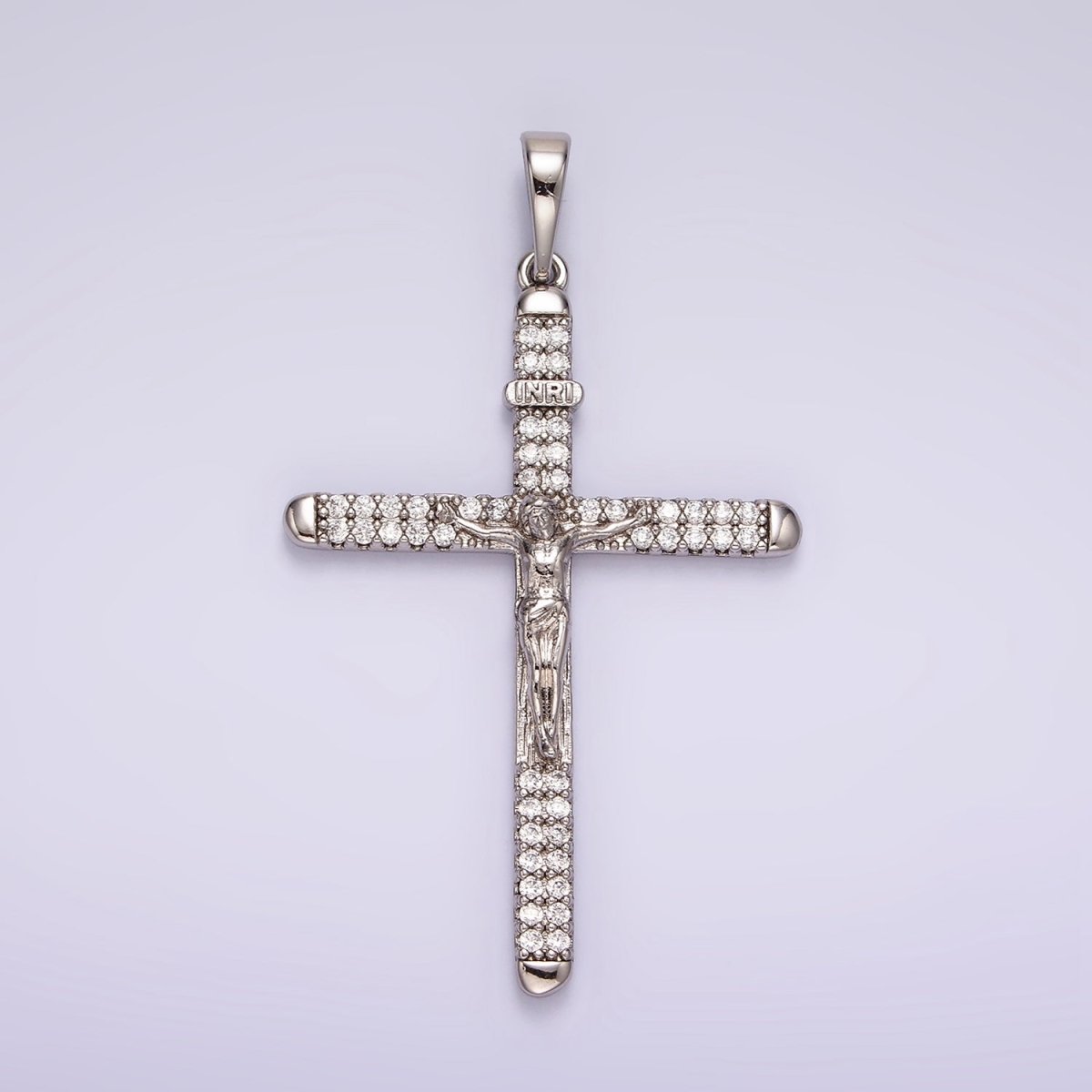 White Gold Filled 50mm Jesus Crucifix "INRI" Micro Paved CZ Cross Pendant | AA1123